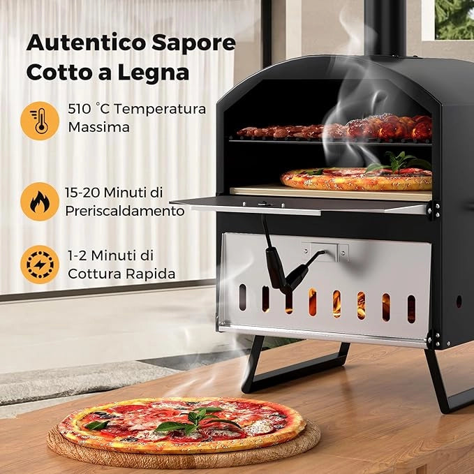 Forno per Pizza a Legna da Esterno da 40 cm, Bruciatore Pizza a 2 Strati con Pietra Quadrata, Pala per Pizza, Griglie da Cucina e Copertura, Forno Portatile per Campeggio, Giardino, BBQ
