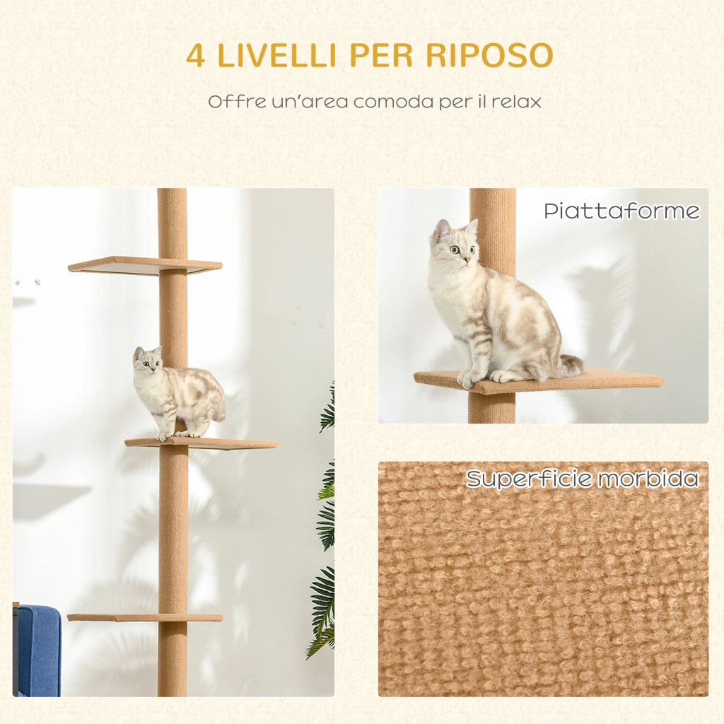 Albero Tiragraffi per Gatti a 4 Livelli ¨C zephmum ¨C Grigio, Tessuto, 43x27x228-260 cm