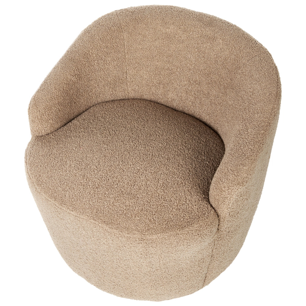 Poltrona con schienale curvo in tessuto bouclé tortora base girevole 360° Art Deco dorato