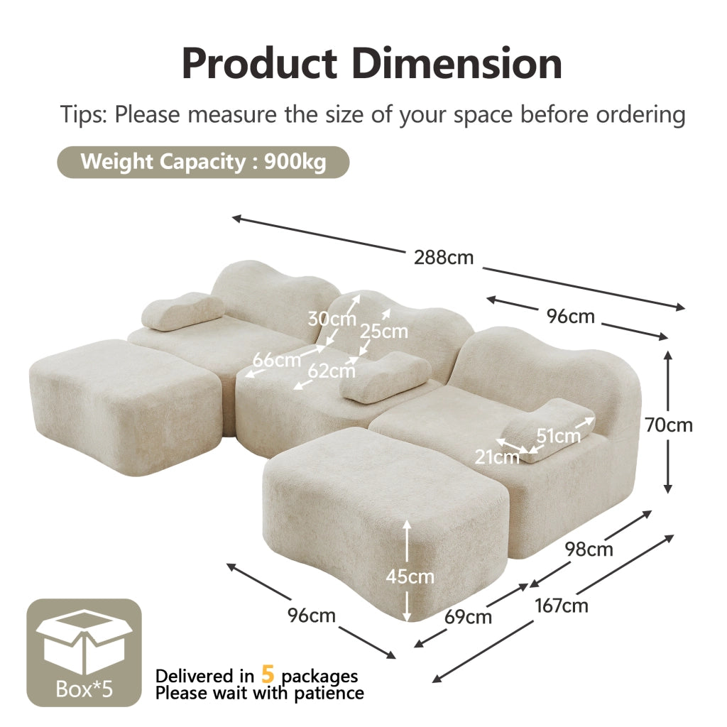 Divano modulare a U 3 posti senza struttura con pouf e cuscino bracciolo in velluto beige