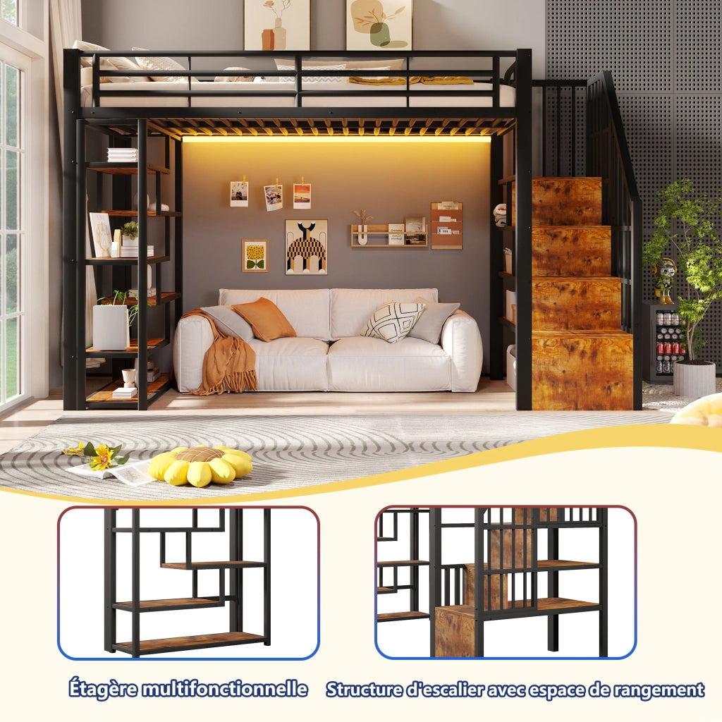 Letto a soppalco 90x200 cm con spazio libero sottostante; LED; ripiano; gradini integrati e parapetto; metallo nero