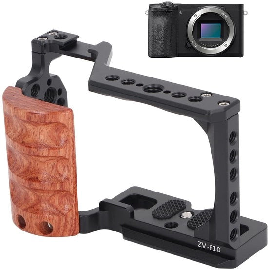Carrietta per Camera Compacta e Multifunzionale - Piatto di Protezione per Videocamere - Manico in Legno - Adatta per la Camera ZV-E10 - Dimensioni 16 x 10 x 6 cm