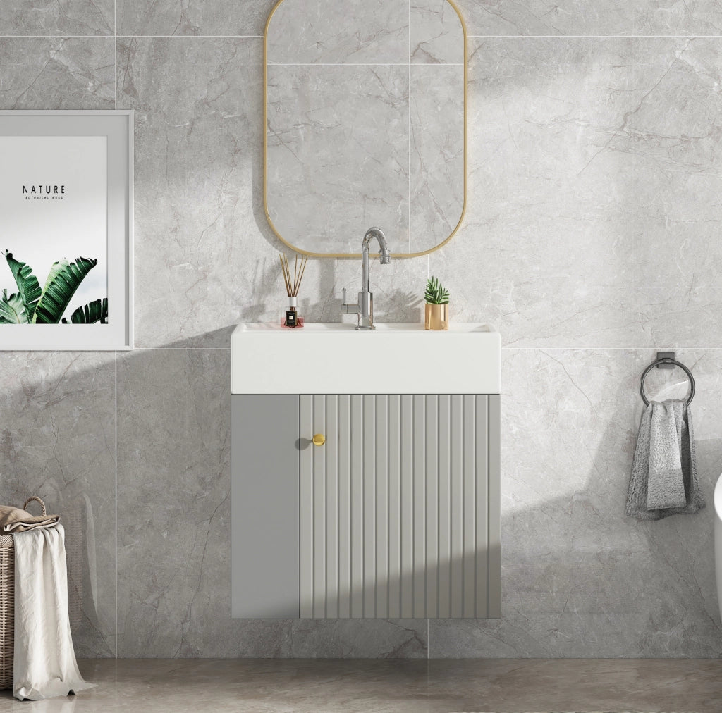 Mobile bagno con lavabo 55 cm, pannello a rilievo, grigio e bianco