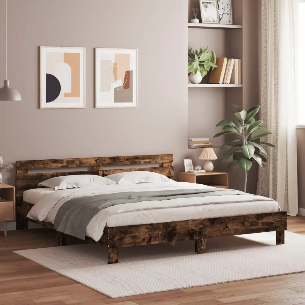 Letto matrimoniale | Letto per adulti | Giroletto con Testiera e LED Rovere Fumo 180x200 cm