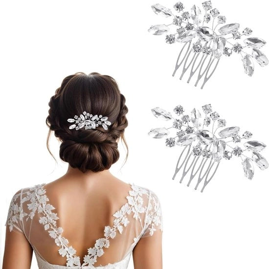 Accessori per capelli in argento da sposa: 2 pezzi, set di treppiedi per capelli con viti da vino, foglie di fiore e perle con glitter cristallo