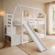 Letto a soppalco per bambini 90x200 cm in legno di pino e MDF, con scivolo e scala contenitore, bianco