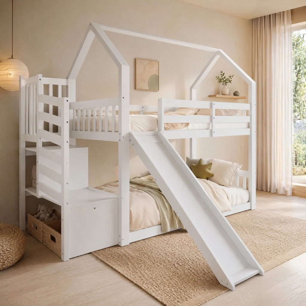 Letto a soppalco per bambini 90x200 cm in legno di pino e MDF, con scivolo e scala contenitore, bianco