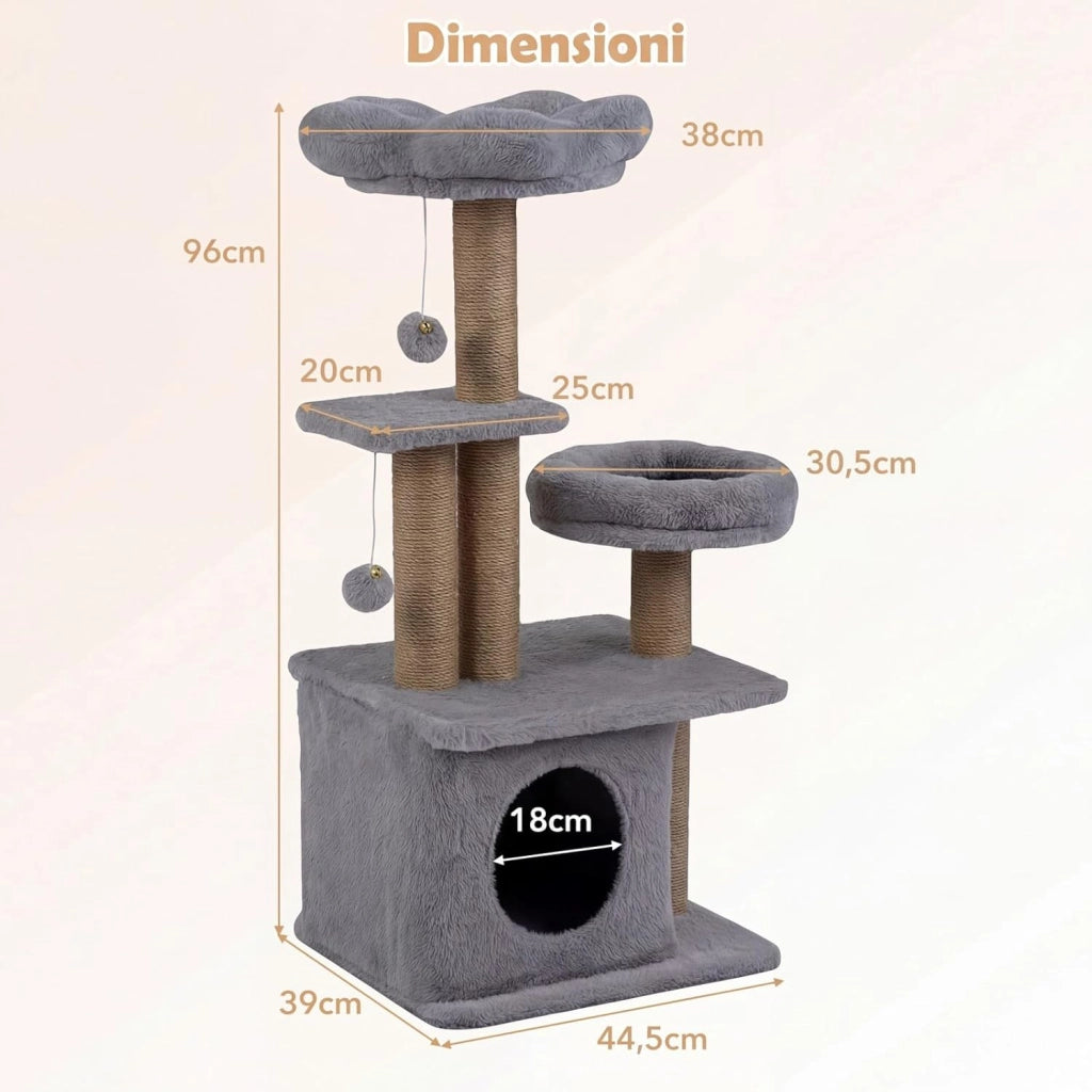 Albero per Gatti, Alberi Tiragraffi Alta 96 cm con Poggiolo Imbottito a Forma di Fiore, Condo Accogliente & Letto per Gatti, 2 Palline con Campanelli Appese & Posti per Graffiare (Grigio)