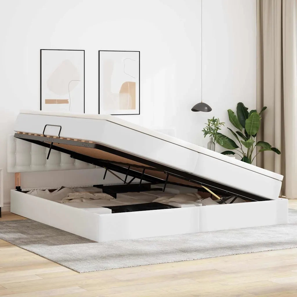 Letto con contenitore e materasso Bianco Puro 200 x 200 cm