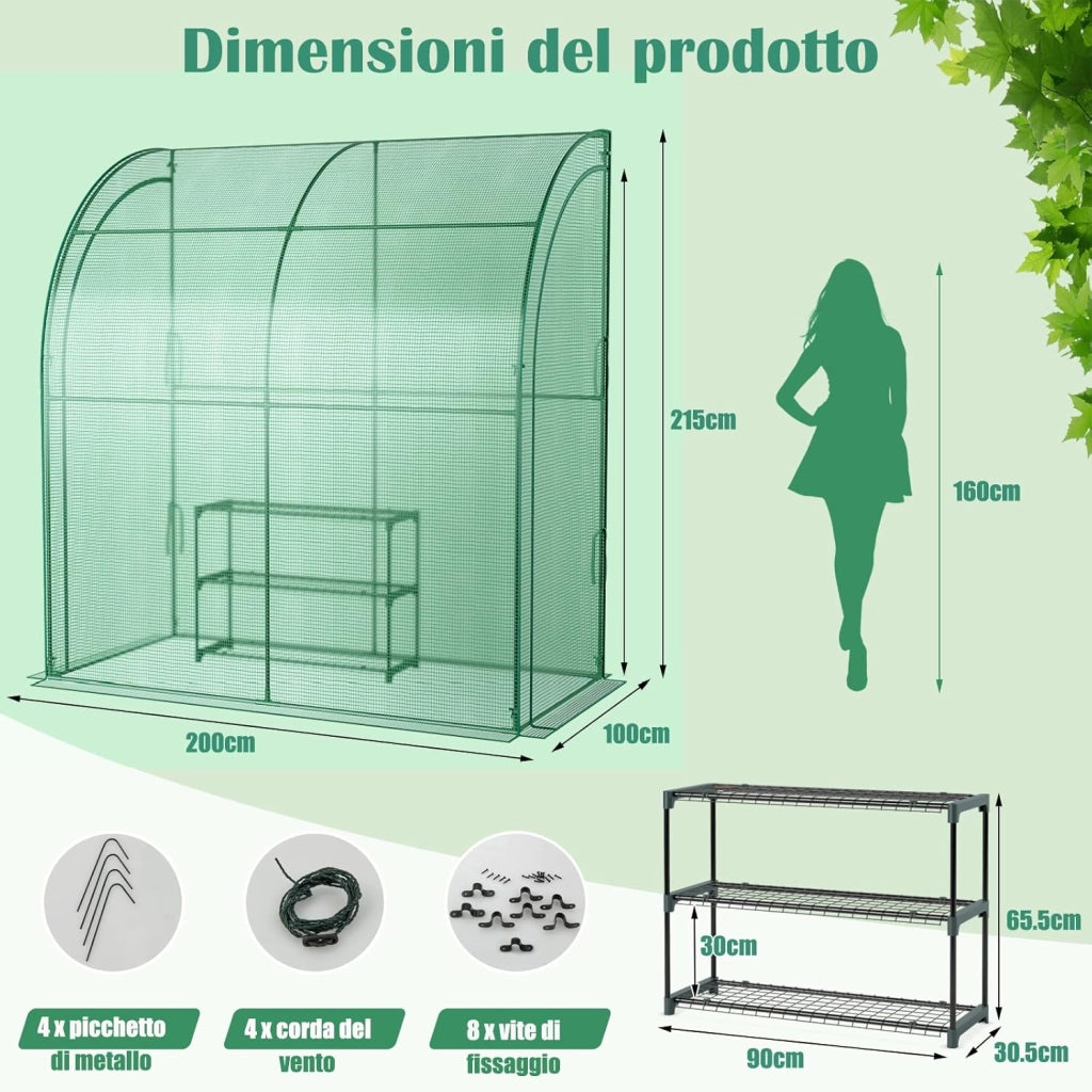 Serra da Giardino da Parete, Serra da Esterno Walk-in con Copertura in PE Resistente alle Intemperie, Porte a Cerniera Avvolgibili e Scaffale Porta Piante, 200 x 100 x 215 cm