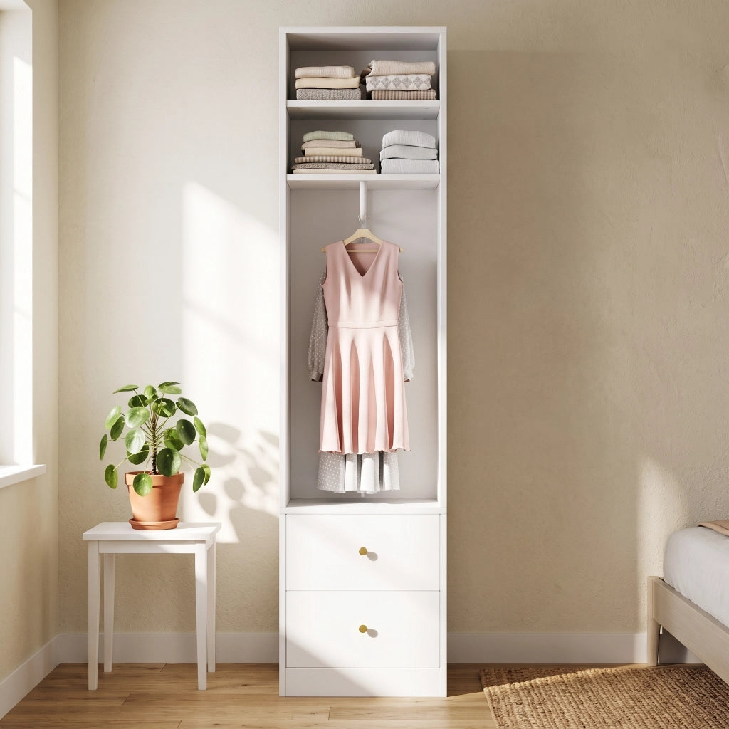 Armadio stretto con 2 cassetti, 2 ripiani e barra appendiabiti per camera, in MDF e acciaio, bianco, 50×30×200 cm