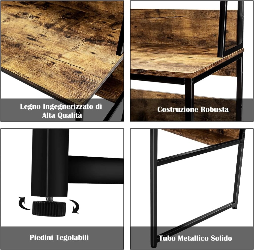 Scrivania con Libreria e Ripiano, Scrivania Salvaspazio per PC Portatile con 3 Scomparti e Ripiano Aperto, Ideale per Ufficio e Casa, 120 x 57 x 140 cm (Marrone)