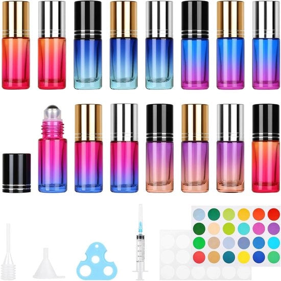 Set di flaconi in vetro multicolore 15 pezzi - 5ml Roll-On - con palle di rullo in acciaio inossidabile - per oli essenziali e profumi - accessori per aromaterapia