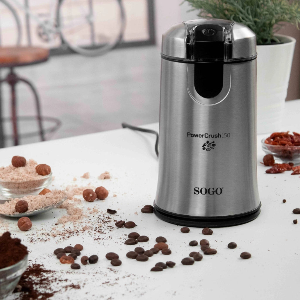 Macinacaffè elettrico per caffè e spezie 150W, capacità 50g lame inox e corpo acciaio con funzione a pressione - Sogo