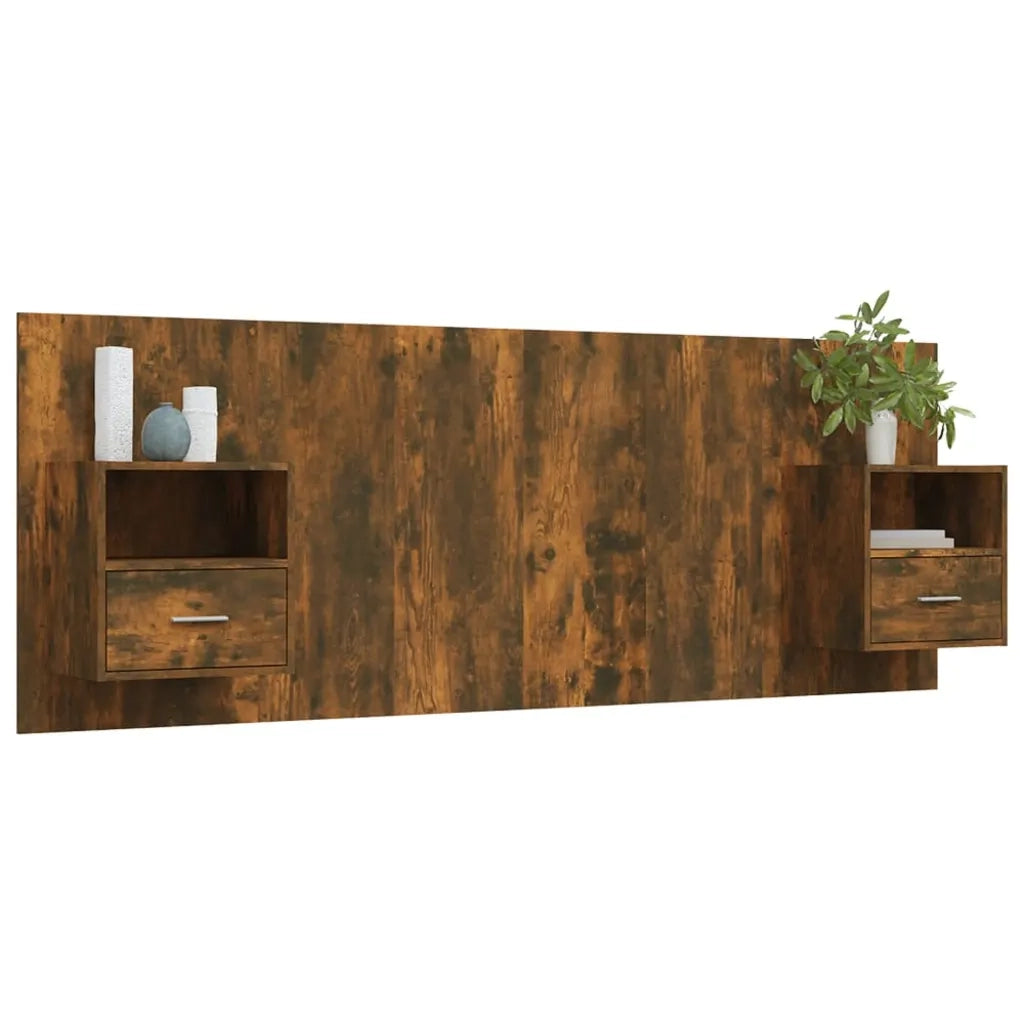 Testiera Letto con Comodini-Testiera con Contenitore Rovere Fumo in Legno Multistrato 427946