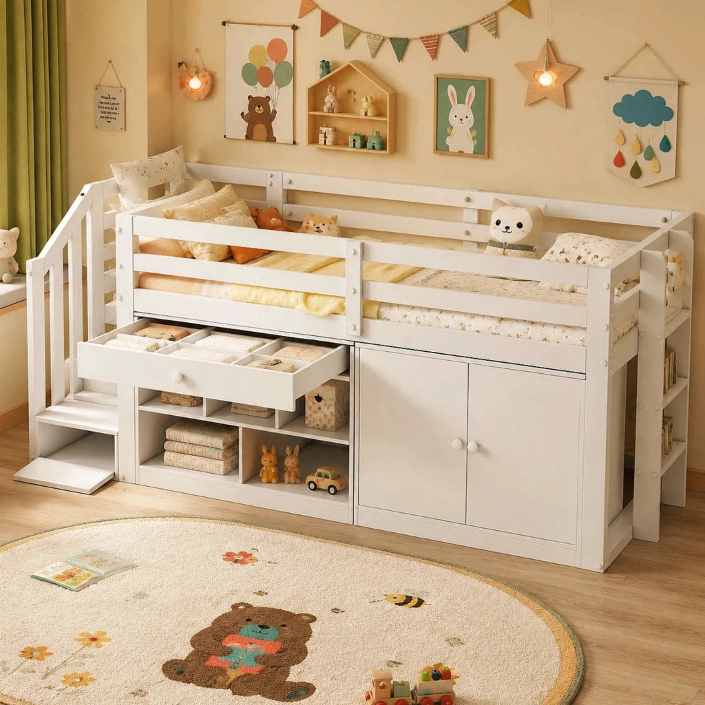 LETTO multifunzionale 90x200 cm in legno bianco con scala e contenitori