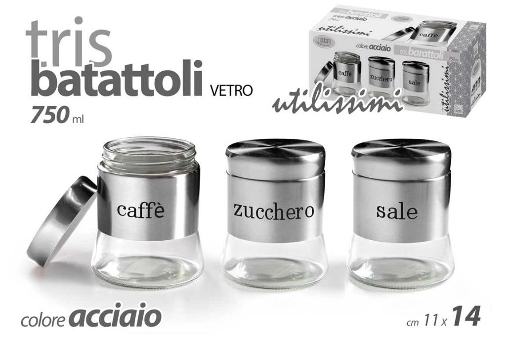Set 3 Tris Barattoli Contenitori da cucina in vetro e acciaio 750 ml