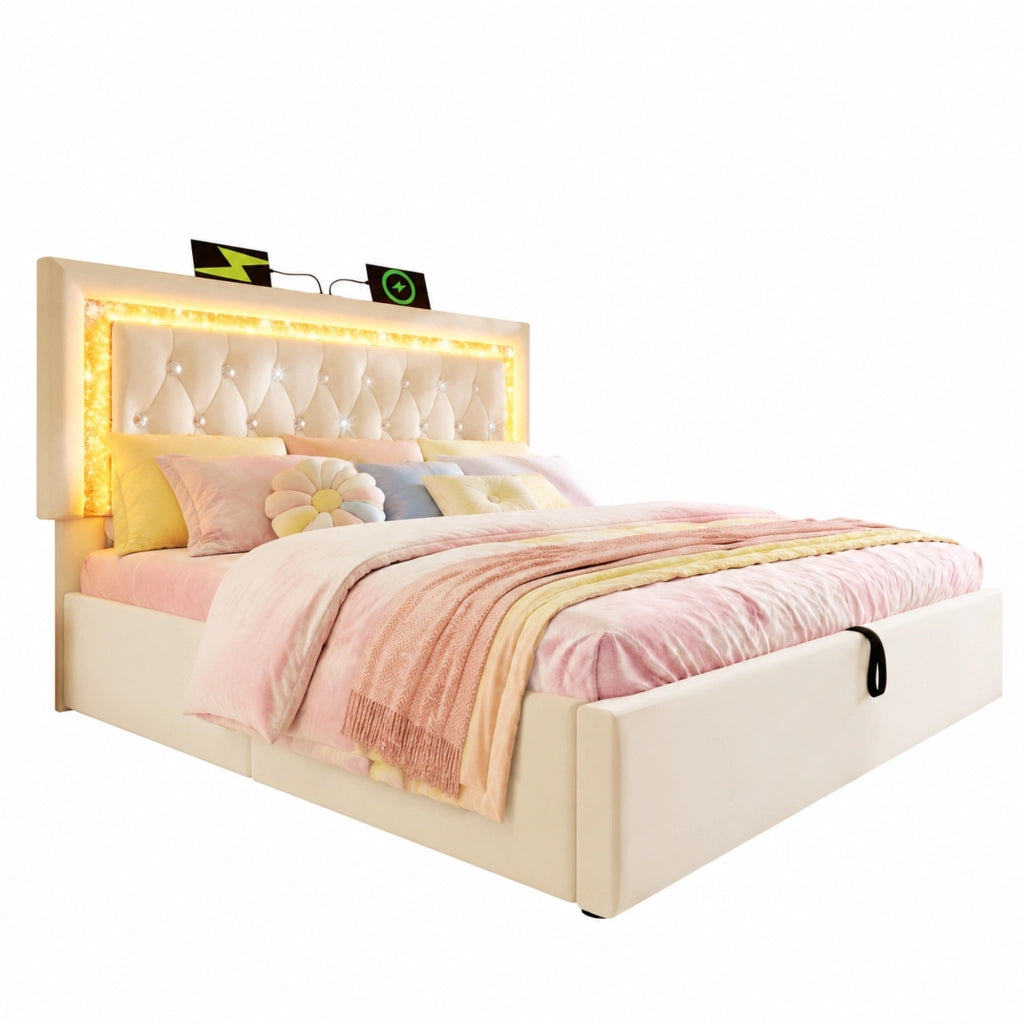 Letto matrimoniale imbottito 160x200 cm in velluto beige con LED, USB-C, contenitore e rete