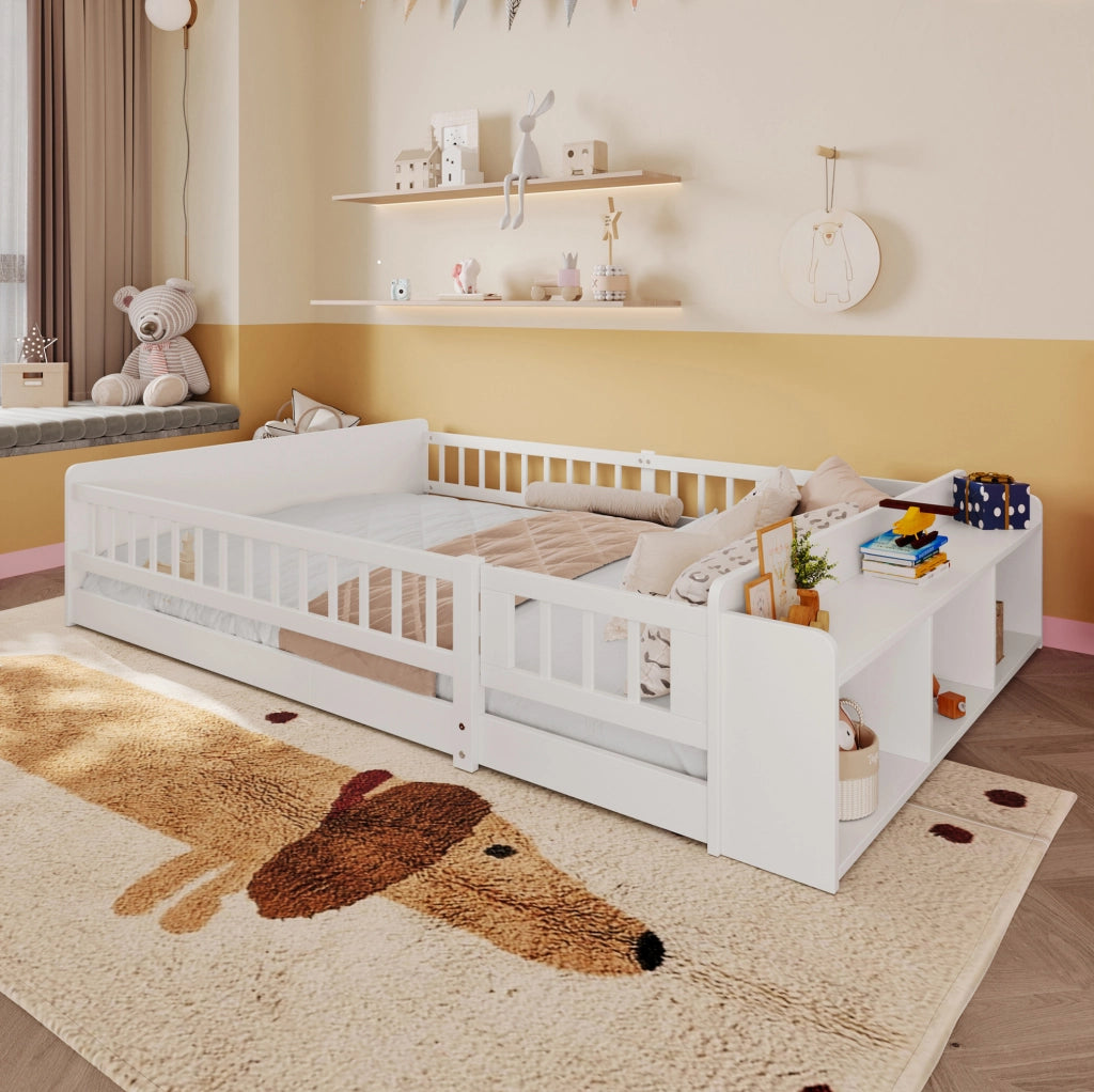 Letto per bambini 140x190 cm in pino e MDF bianco con ripiani
