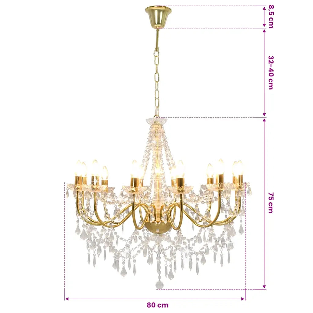 Lampadario con Perline Dorato 12 Lampadine E14 CFW5780322
