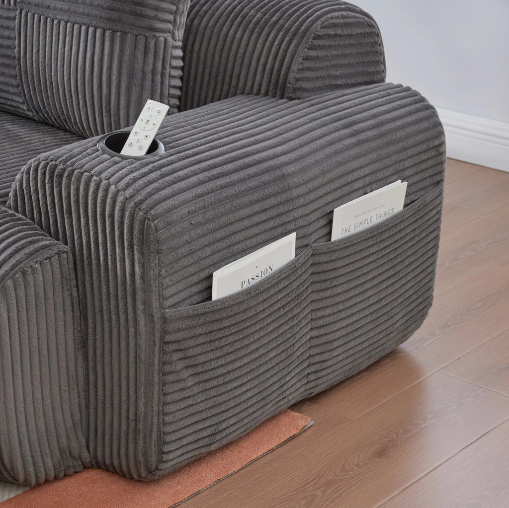 Divano modulare 268x174x80 cm con portabicchiere e tasca laterale in corduroy grigio scuro