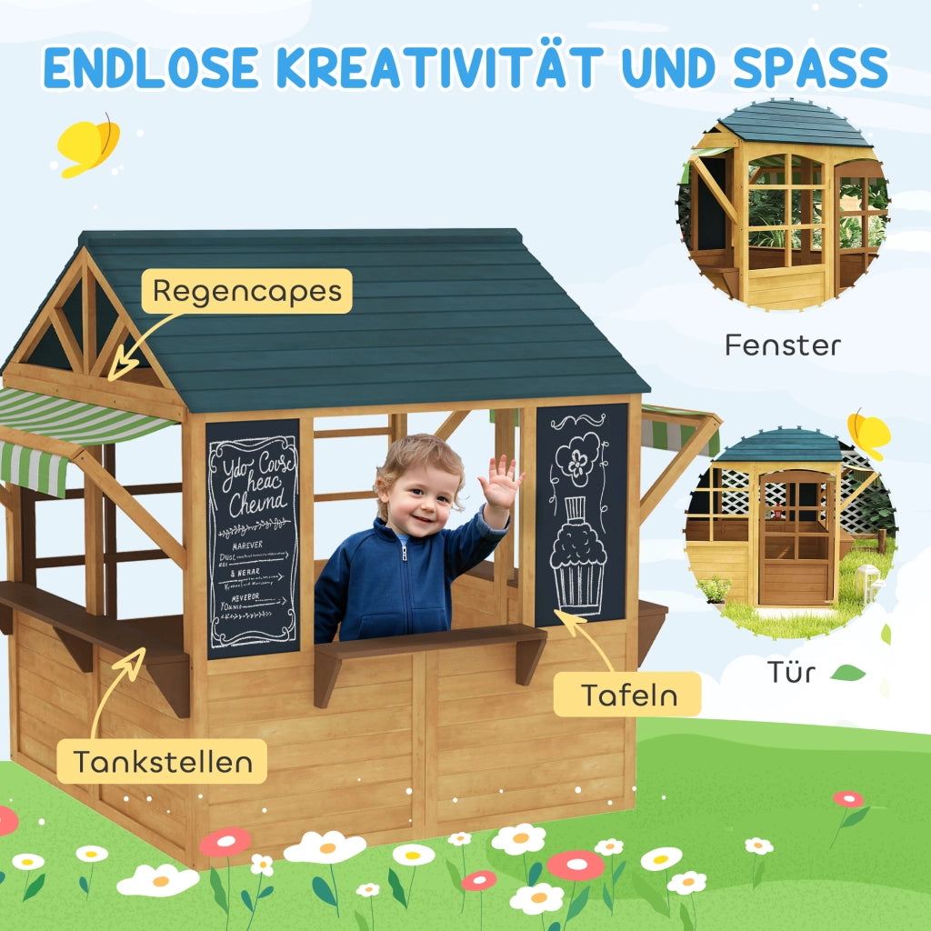 Casetta gioco pieghevole in legno ¨C Xylo ¨C con finestre e porta, marrone e blu, per bambini 3-8 anni