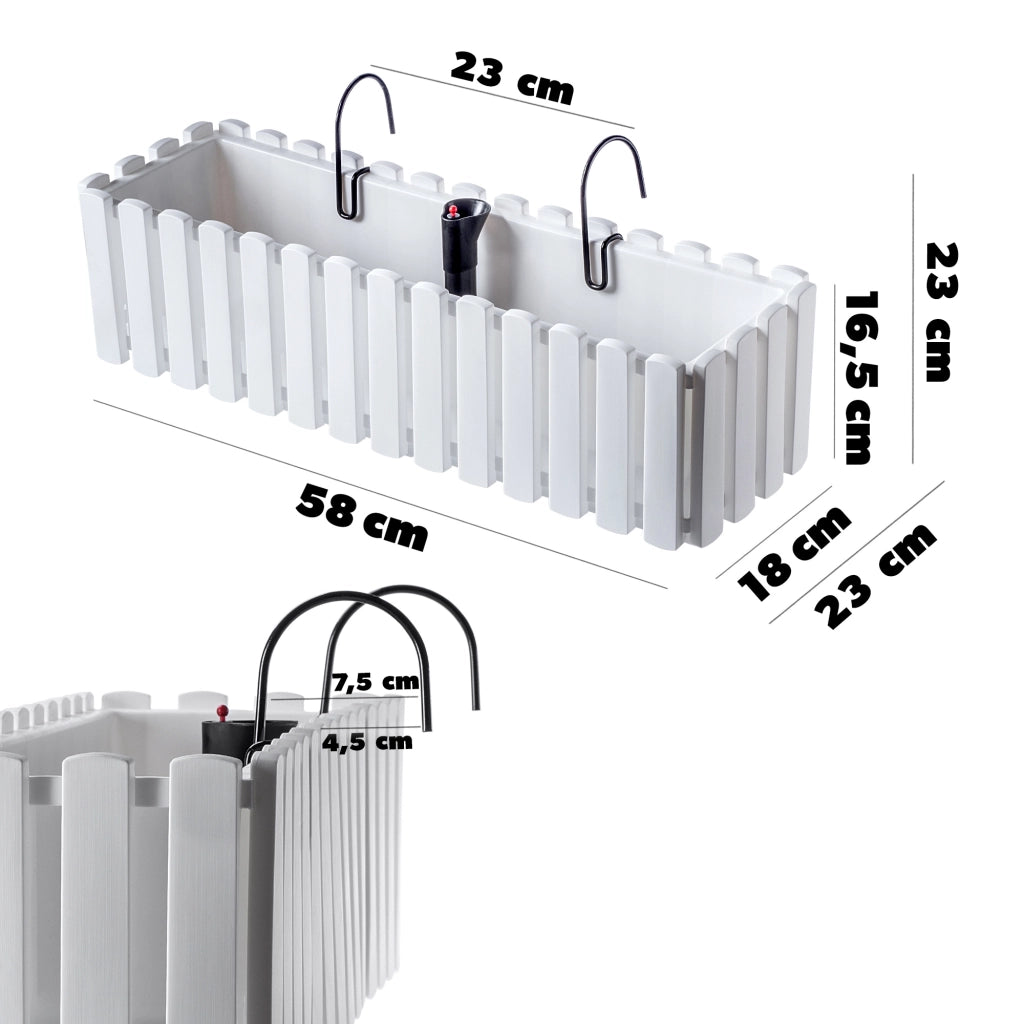 Vaso da fiori per balcone KADAX con manici, 58x18x16,5 cm, bianco.