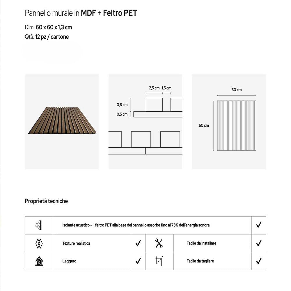 Set 12 Pannelli Decorativi 60x60 cm Motivo a Doghe in MDF e Feltro PET Rivestimento Murale Fonoassorbente Noce Chiaro