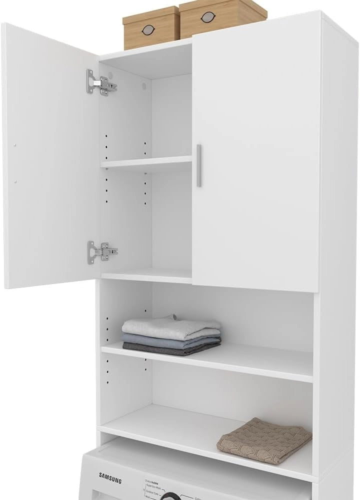 Mobile lavatrice Martha, Bianco, 64 x 190 cm con 2 ante corte, per la conservazione di detersivi e accessori da bagno