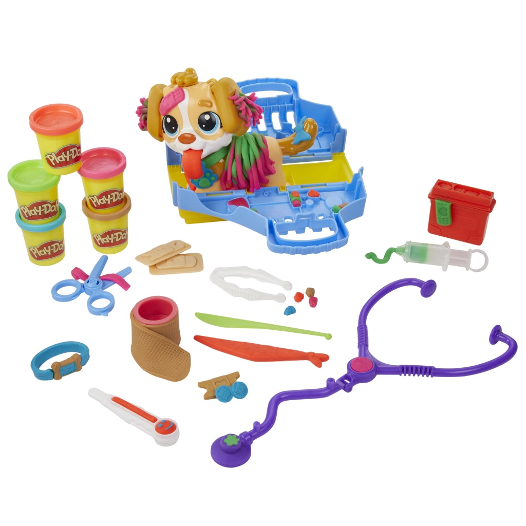 Play-Doh - Set da Veterinario, playset con Cane Giocattolo, trasportino, 10 Strumenti, 5 Colori