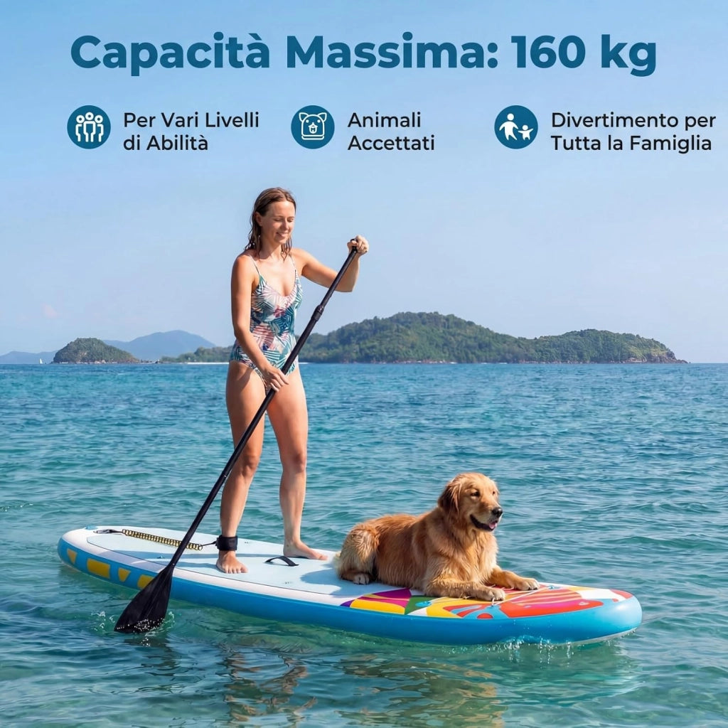 SUP Stand up Paddle, Tavola SUP Gonfiabile con Pompa, Pagaia in Alluminio, Guinzaglio, Borsa e Kit di Riparazione, per Principianti ed Esperti, Portata 160 kg, 336 x 77 x 16 cm