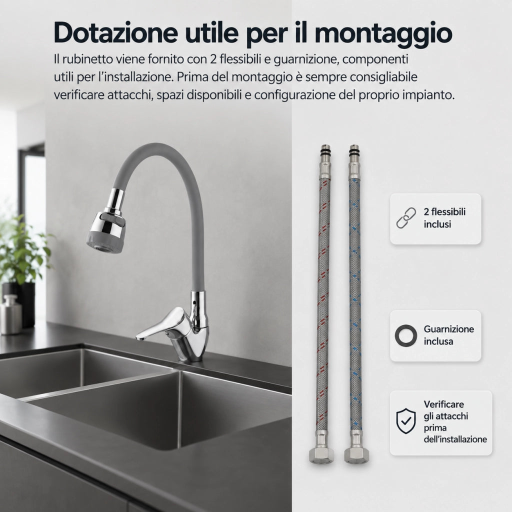 Rubinetto Cucina Doccetta 2 Getti Tubo Girevole Flessibile Silicone  Grigio