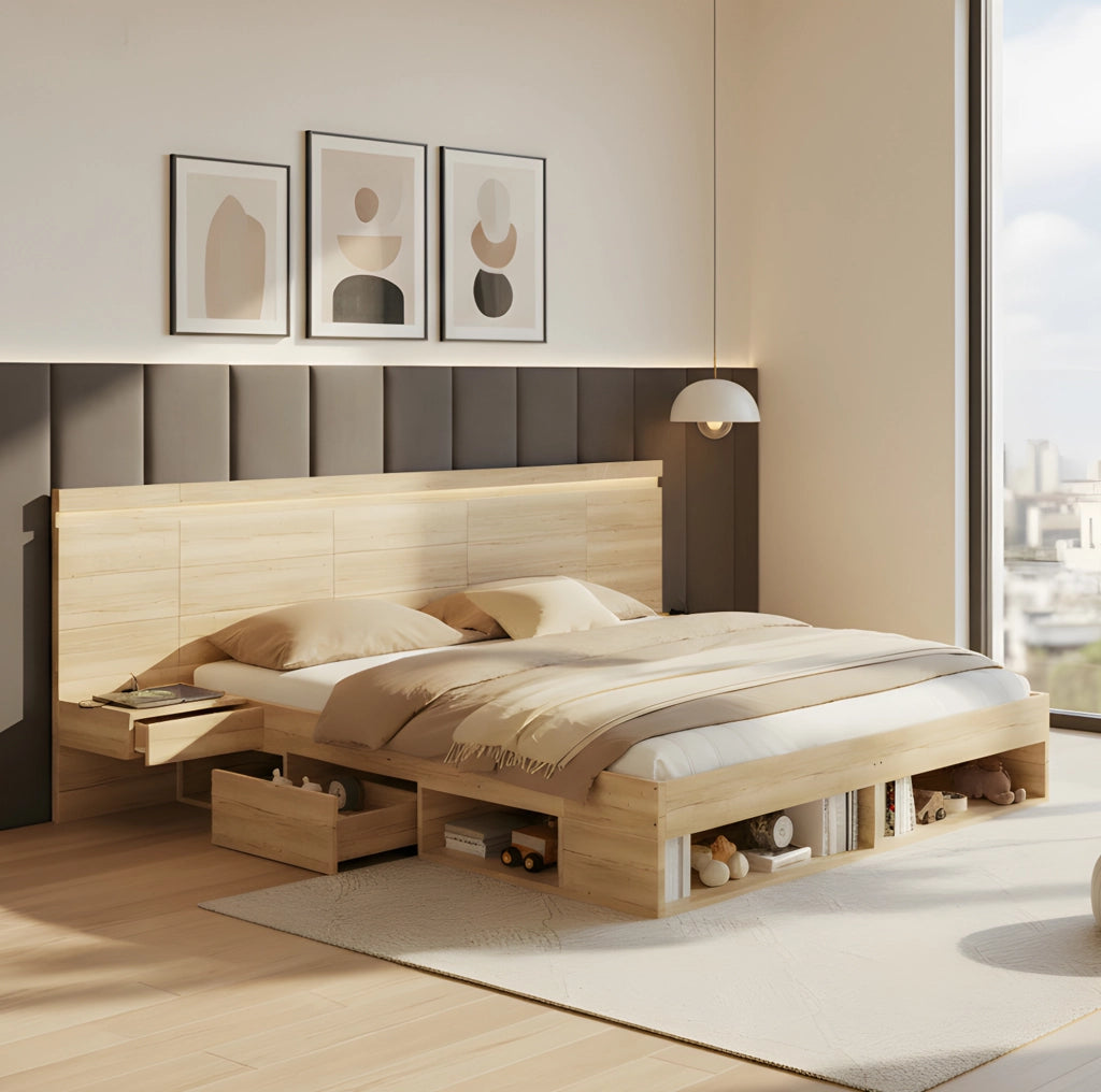 Letto matrimoniale con contenitore, illuminazione LED e prese USB integrate