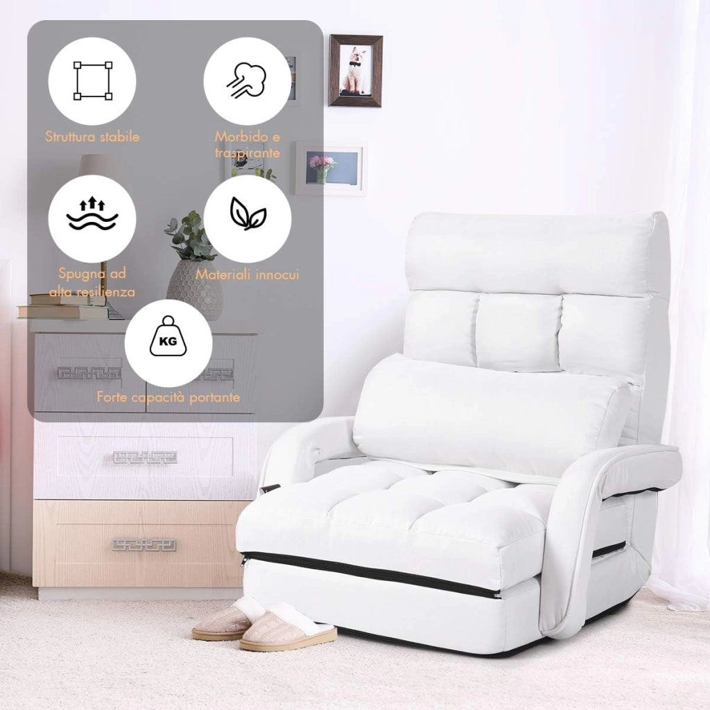 Poltrona Pieghevole da Relax, Schienale Reclinabile a 5 Livelli, Cuscini Imbottiti, Multiuso e Regolabile, Portata di 120 kg, per Ufficio/Soggiorno/Studio, 67x65x72 cm, Bianco