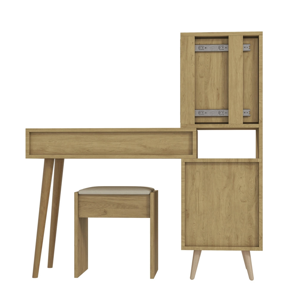 Tavolo da trucco moderno con specchio estraibile; piano allungabile 84 x 40 cm; legno ingegnerizzato naturale e beige
