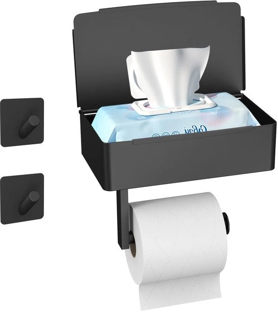 Supporto per Cartucce di Carta igienica Senza Forare, Supporto per Carta igienica Nero, 3-in-1 Multifunzionale, Autoadesivo, Con Scatola per Fazzoletti Umidi, Supporto per Carta igienica, Acciaio Inossidabile, Adatto per Bagno/Casa da Bagno
