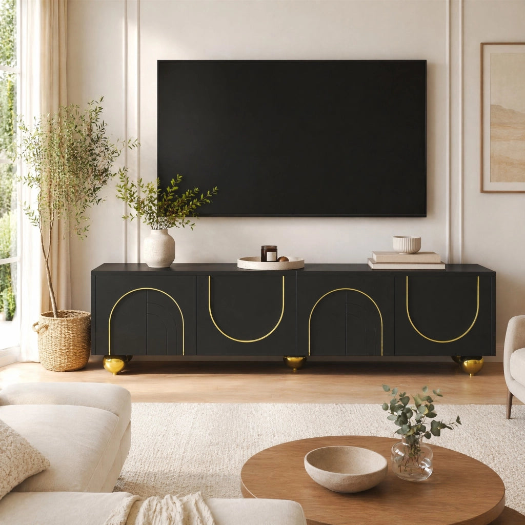 Mobile porta TV con 4 ante push-to-open ripiani interni e cerniere ammortizzate nero e oro 170 × 38 × 44 cm