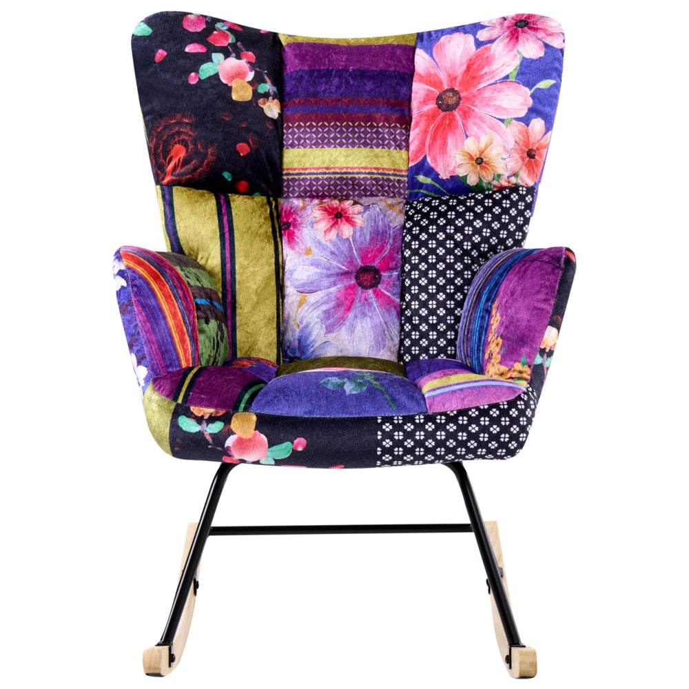 Sedia a dondolo Rivestimento in velluto multicolore Gambe in legno