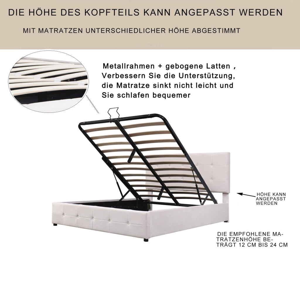 DESMIU Lit contenitore 140 × 200 cm 2 posti con vano idraulico e testiera regolabile, senza materasso, crema
