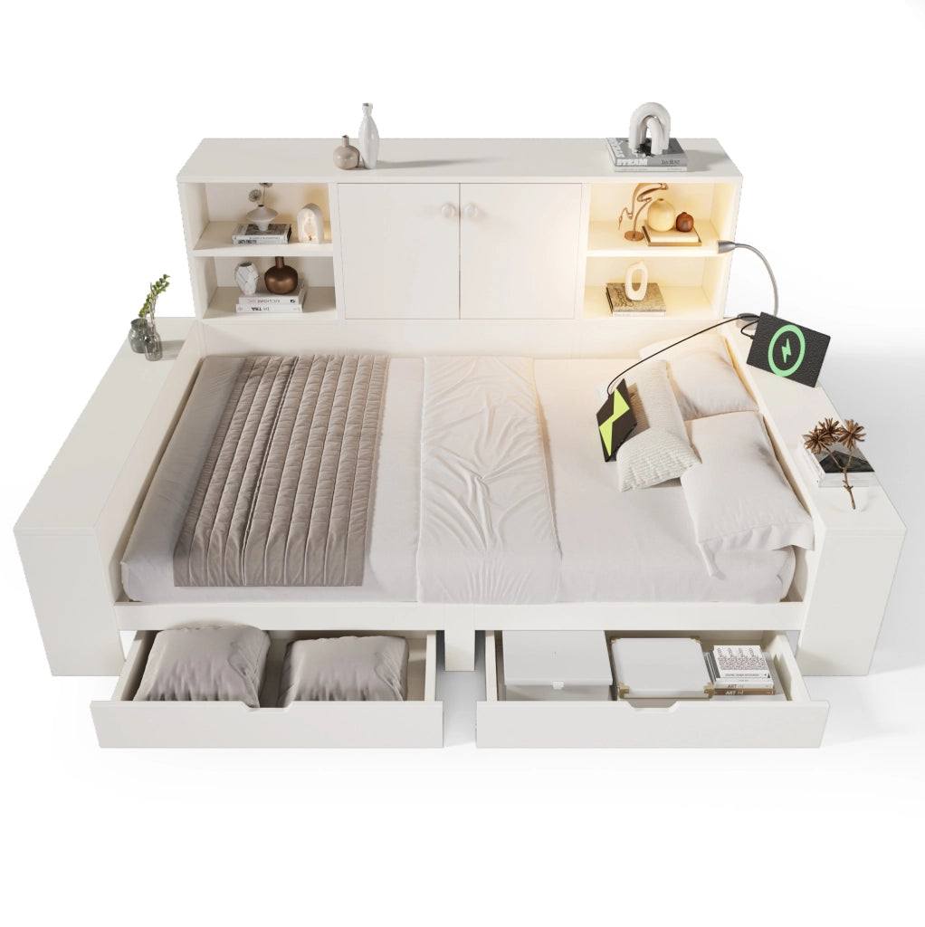 Letto matrimoniale 140x200 cm con cassetti e vano contenitore; bianco; in MDF e compensato
