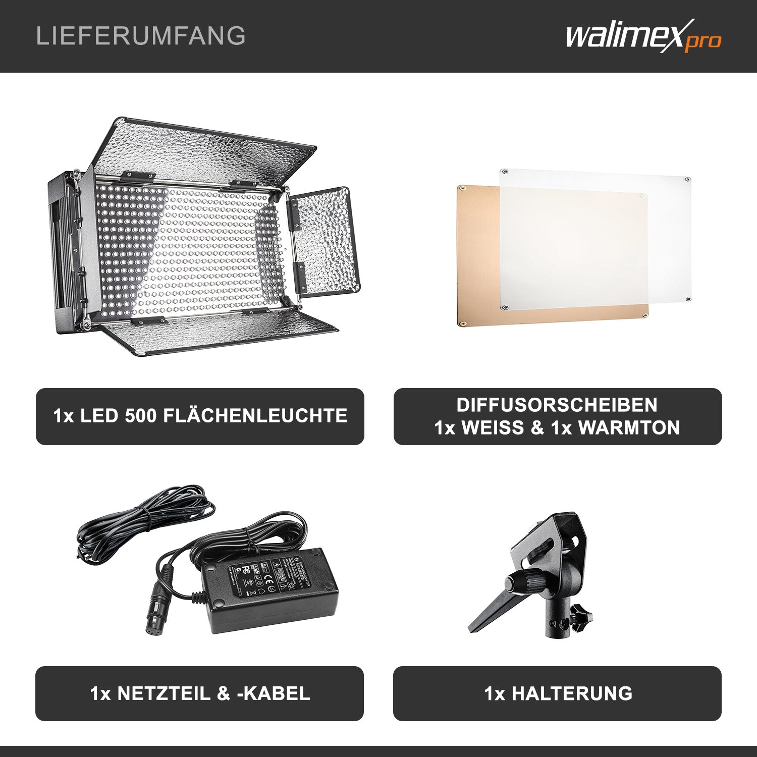 LED 500 Luce a pannello 30 W, versione diurna, con robusto alloggiamento in metallo + staffa, potente illuminazione da studio