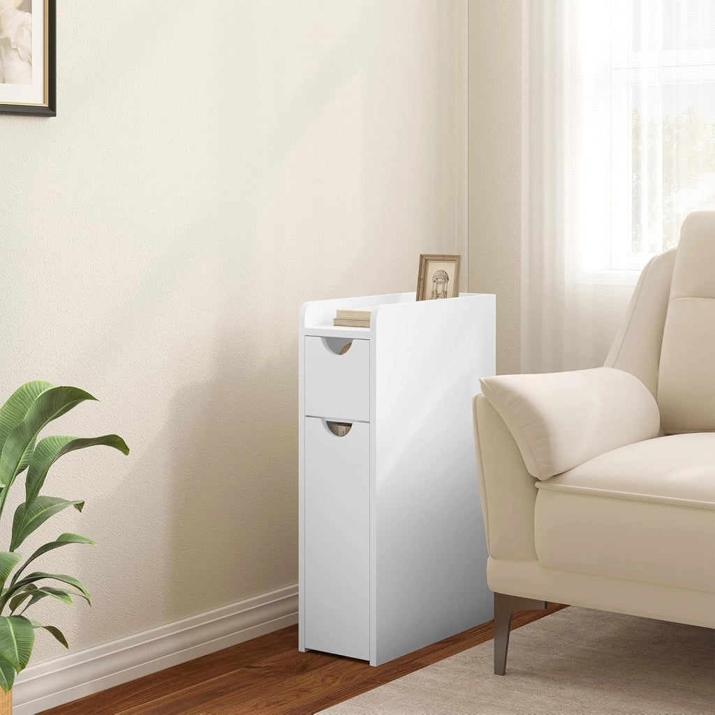 Mobile Bagno Stretto con 2 Cassetti, Mobiletto Compatto Salvaspazio, Armadietto Bagno Verticale, Multifunzionale con Ripiano Aperto, Bianco