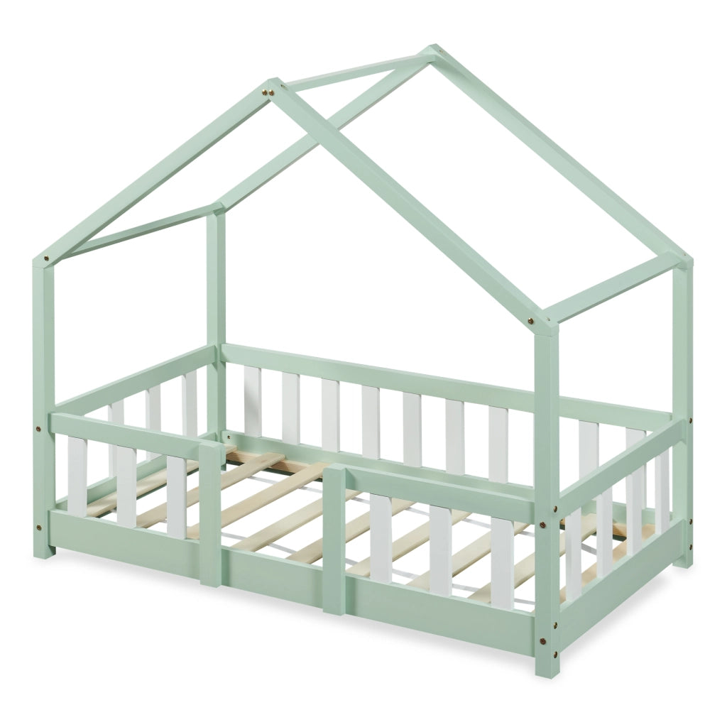 Letto per Cameretta Treviolo a Forma di Casetta in Stile Montessori 70x140 cm Menta Verde/Bianco [en.casa]