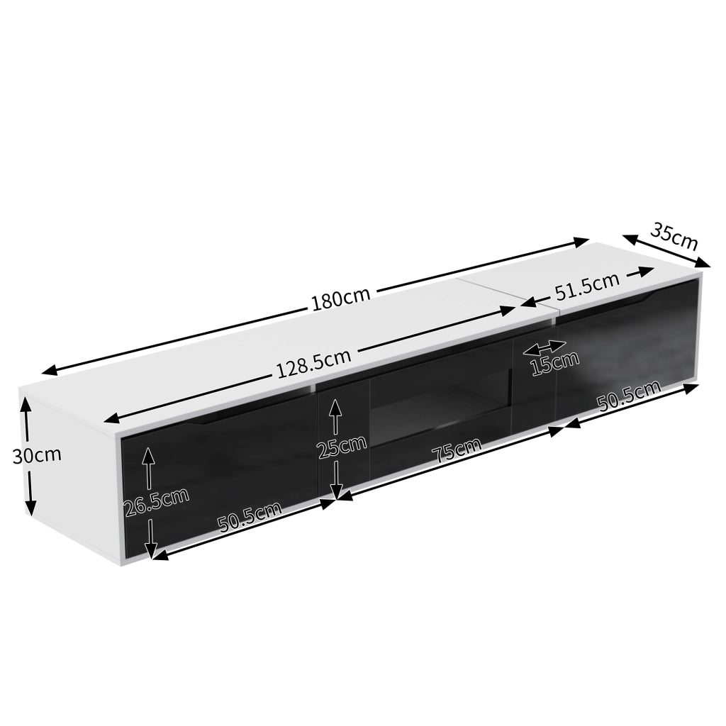 Mobile TV moderno 180x30x35 cm bianco e nero con LED multicolore, ante rigate e finitura lucida