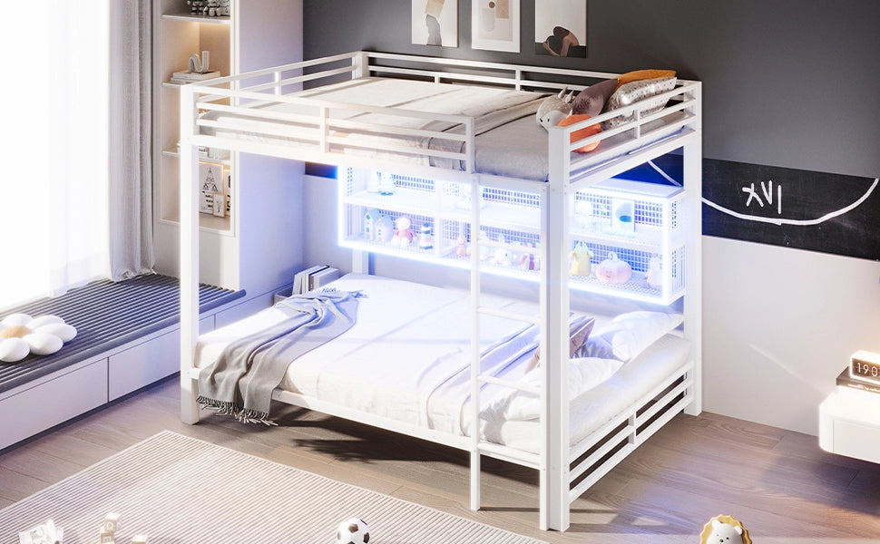 Letto a castello 140x200 cm con armadi contenitore e luce LED, Bianco