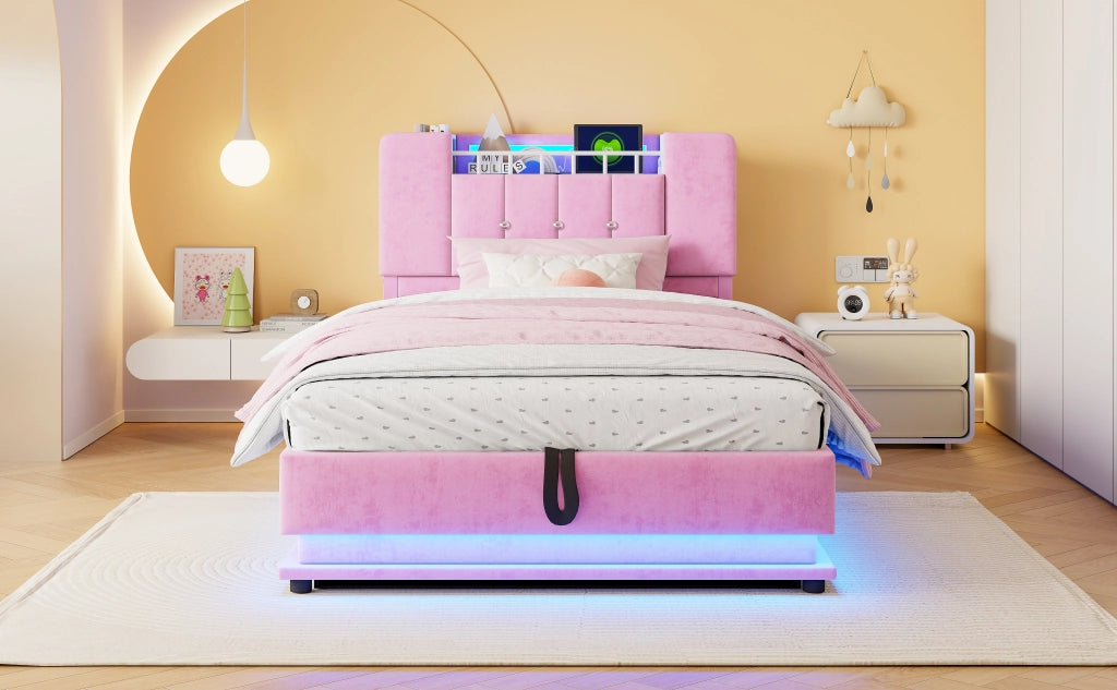 DESMIU Letto per bambini 90 × 200 cm con LED, USB e contenitore idraulico, senza materasso, in velluto, rosa