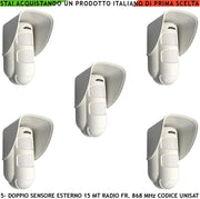 Sensore Movimento Doppia Tecnologia da Esterno IP54 Copertura 15 Metri Grandangolo o 25 Metri Tenda 5 Pezzi Via Radio Freq. 868 MHz Bidirezionale Codice UNISAT