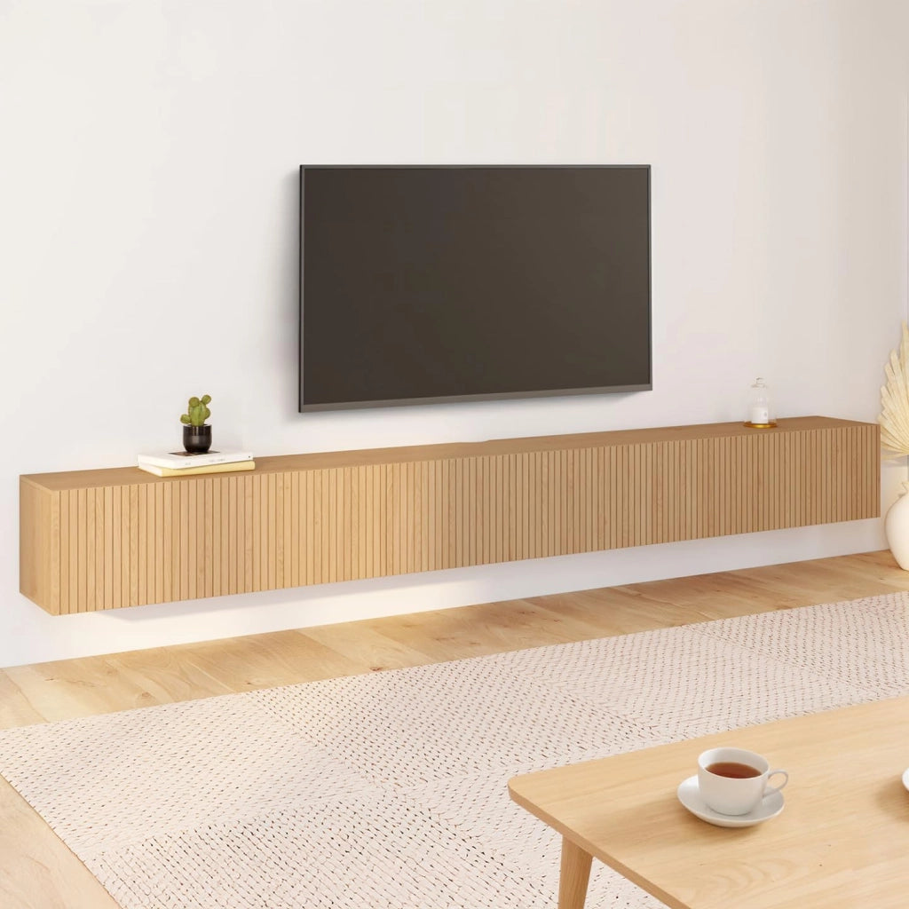 Mobile TV sospeso JULIETTE 270 cm con 3 doghe in legno color rovere