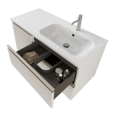 Mobile bagno sospeso 100 cm bianco opaco con cassetti e anta completo di lavabo a destra e specchio Master