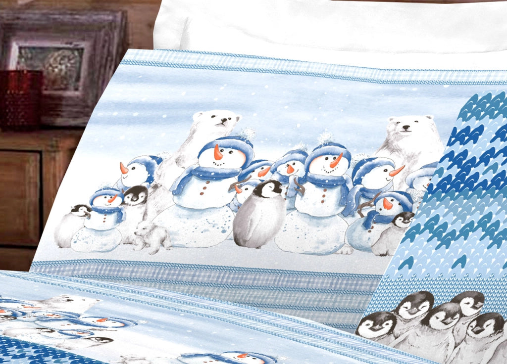 Completo Lenzuola Letto Pensieri Delicati 100% Cotone Dis. Inverno Polare - Singolo - Blu
